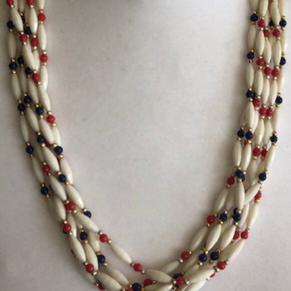 HONG KONG Red White Blue Lucite Bead 6 Strand Vintage Necklace - Picture 3 of 15